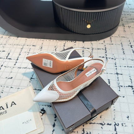 ALAIA SLINGBACKS 5 CM IN WHITE CALFSKIN WITH MESH