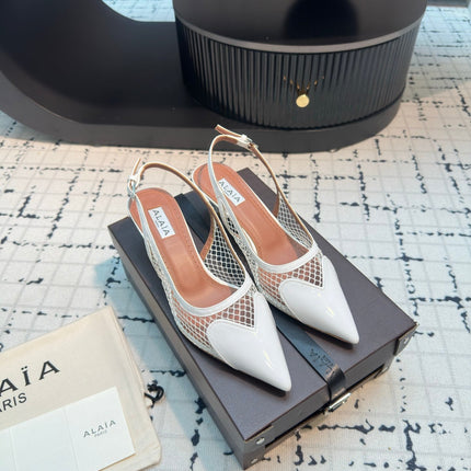 ALAIA SLINGBACKS 5 CM IN WHITE CALFSKIN WITH MESH
