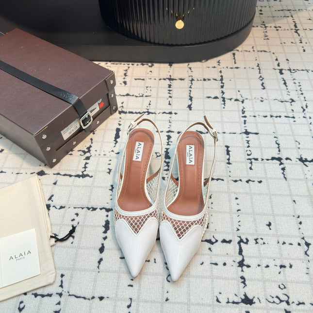ALAIA SLINGBACKS 5 CM IN WHITE CALFSKIN WITH MESH