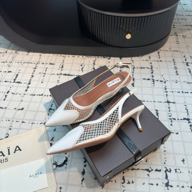 ALAIA SLINGBACKS 5 CM IN WHITE CALFSKIN WITH MESH
