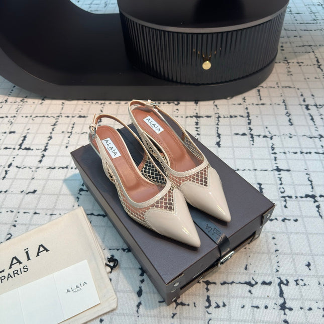 ALAIA SLINGBACKS 5 CM IN BEIGE CREAM CALFSKIN WITH MESH