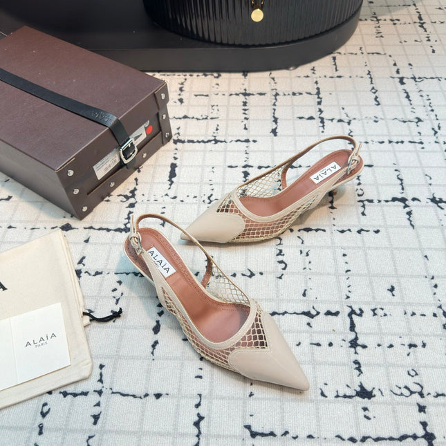 ALAIA SLINGBACKS 5 CM IN BEIGE CREAM CALFSKIN WITH MESH