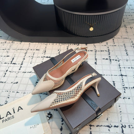ALAIA SLINGBACKS 5 CM IN BEIGE CREAM CALFSKIN WITH MESH