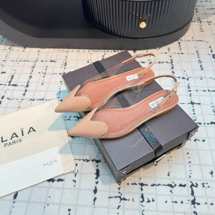 ALAIA FLAT SLINGBACK IN BEIGE BISQUE PATENT CALFSKIN AND FILM