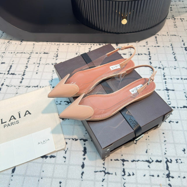 ALAIA FLAT SLINGBACK IN BEIGE BISQUE PATENT CALFSKIN AND FILM