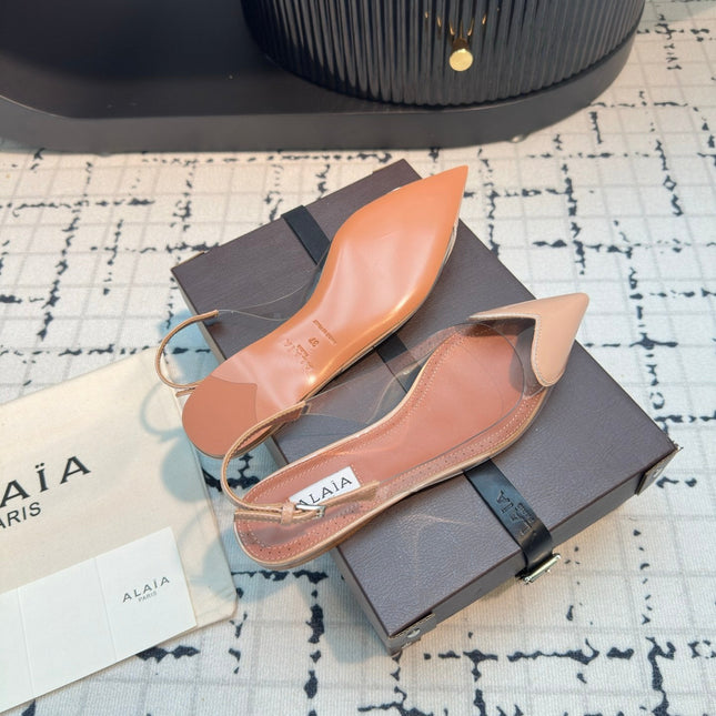 ALAIA FLAT SLINGBACK IN BEIGE BISQUE PATENT CALFSKIN AND FILM