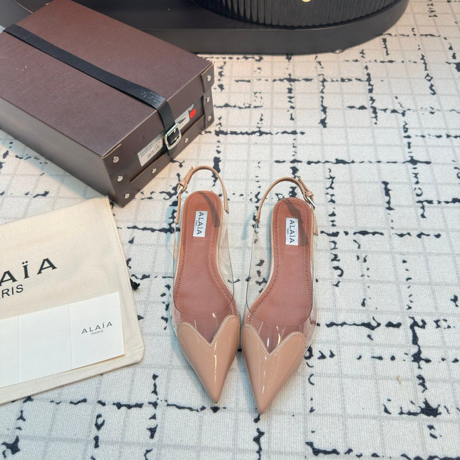 ALAIA FLAT SLINGBACK IN BEIGE BISQUE PATENT CALFSKIN AND FILM