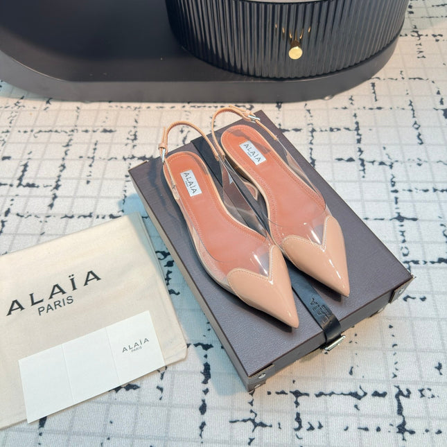 ALAIA FLAT SLINGBACK IN BEIGE BISQUE PATENT CALFSKIN AND FILM