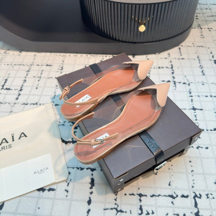 ALAIA FLAT SLINGBACK IN BEIGE BISQUE PATENT CALFSKIN AND FILM