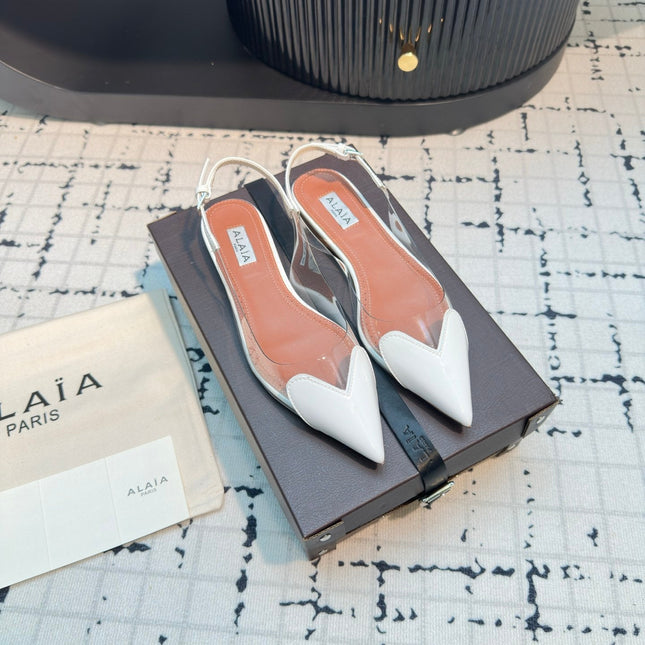 ALAIA FLAT SLINGBACK IN WHITE PATENT CALFSKIN AND FILM