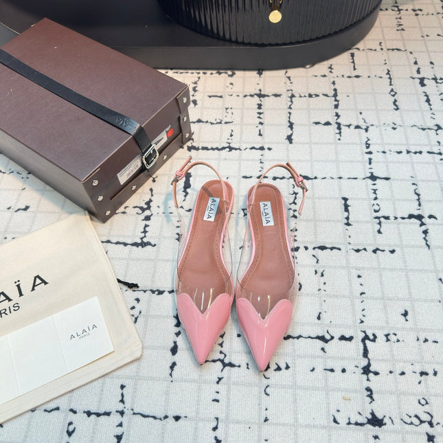 ALAIA FLAT SLINGBACK IN ROSE PINK PATENT CALFSKIN AND FILM