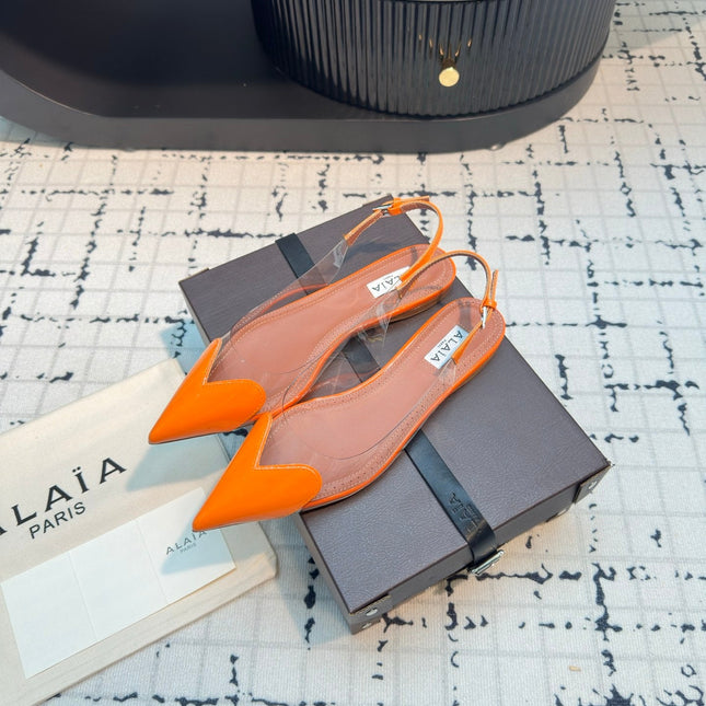 ALAIA FLAT SLINGBACK IN TIGER ORANGE PATENT CALFSKIN AND FILM