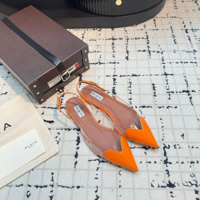 ALAIA FLAT SLINGBACK IN TIGER ORANGE PATENT CALFSKIN AND FILM