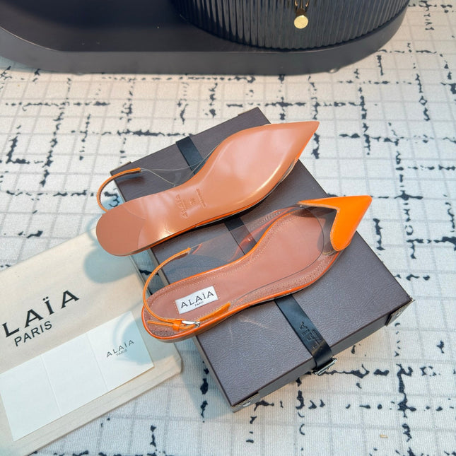 ALAIA FLAT SLINGBACK IN TIGER ORANGE PATENT CALFSKIN AND FILM