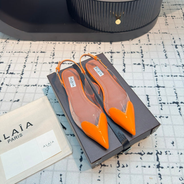 ALAIA FLAT SLINGBACK IN TIGER ORANGE PATENT CALFSKIN AND FILM
