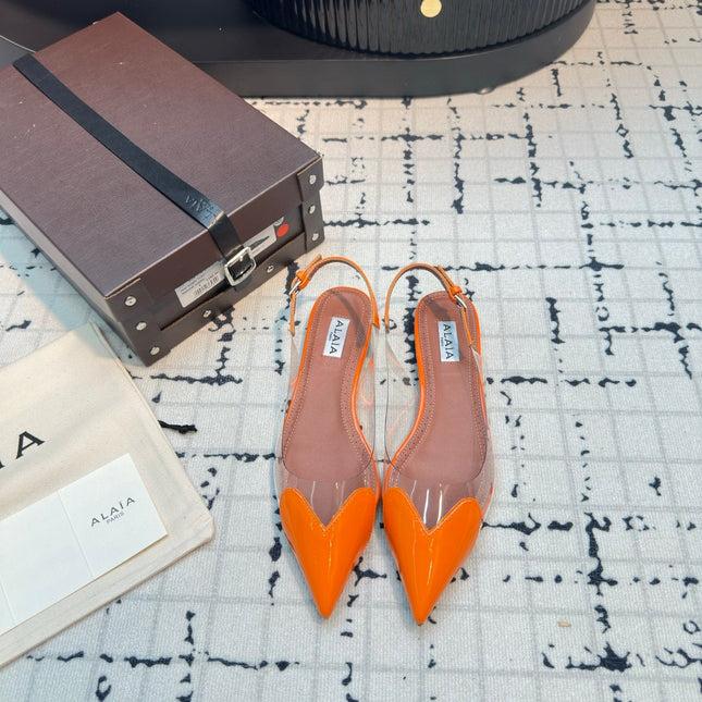 ALAIA FLAT SLINGBACK IN TIGER ORANGE PATENT CALFSKIN AND FILM