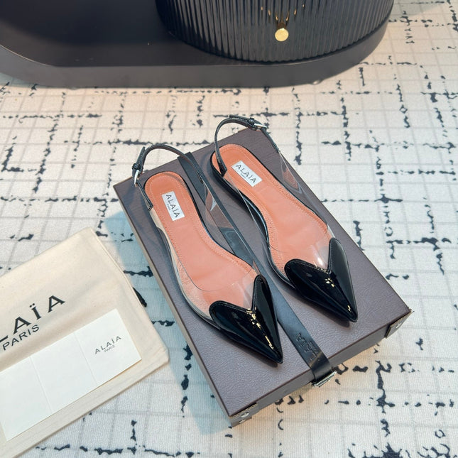 ALAIA FLAT SLINGBACK IN BLACK PATENT CALFSKIN AND FILM