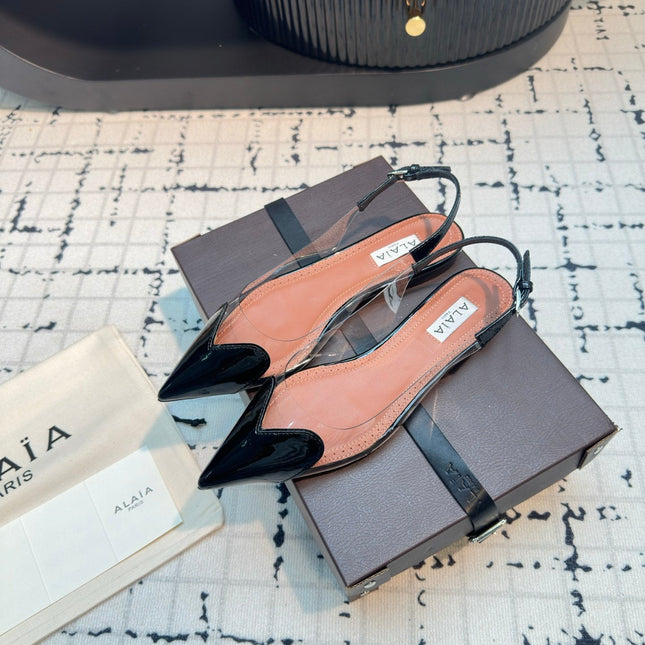 ALAIA FLAT SLINGBACK IN BLACK PATENT CALFSKIN AND FILM