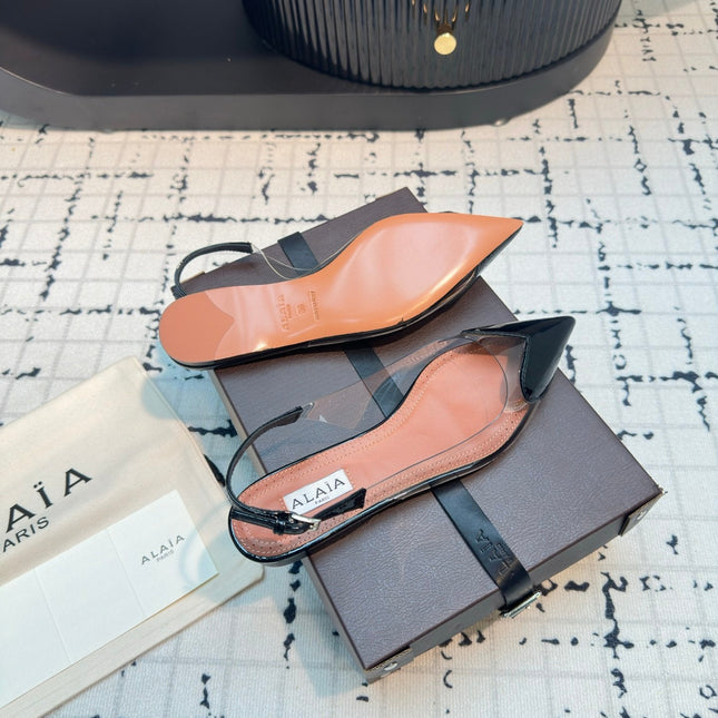 ALAIA FLAT SLINGBACK IN BLACK PATENT CALFSKIN AND FILM
