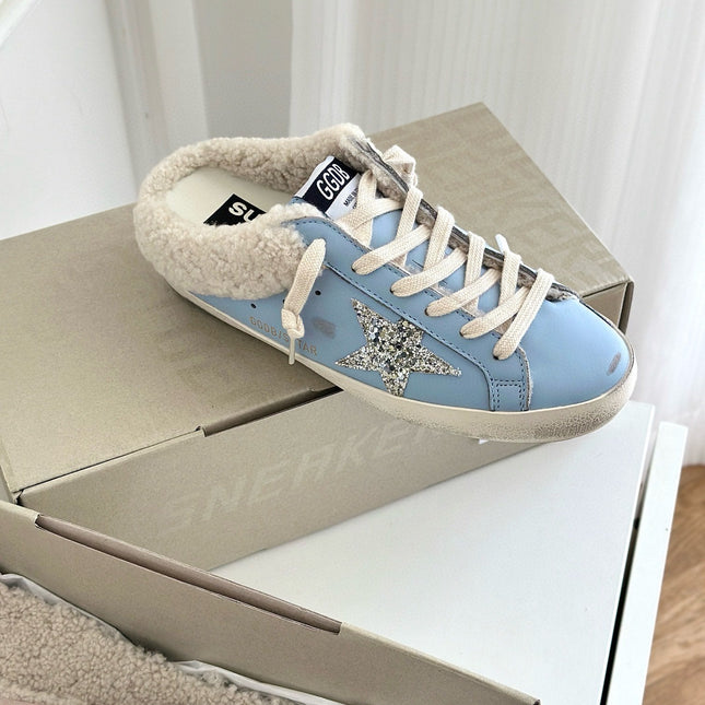 SUPER-STAR SABOTS IN BLUE CALFSKIN WITH GLITTER WHITE STAR