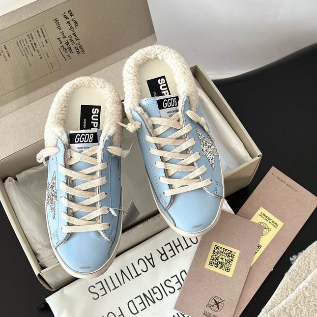 SUPER-STAR SABOTS IN BLUE CALFSKIN WITH GLITTER WHITE STAR