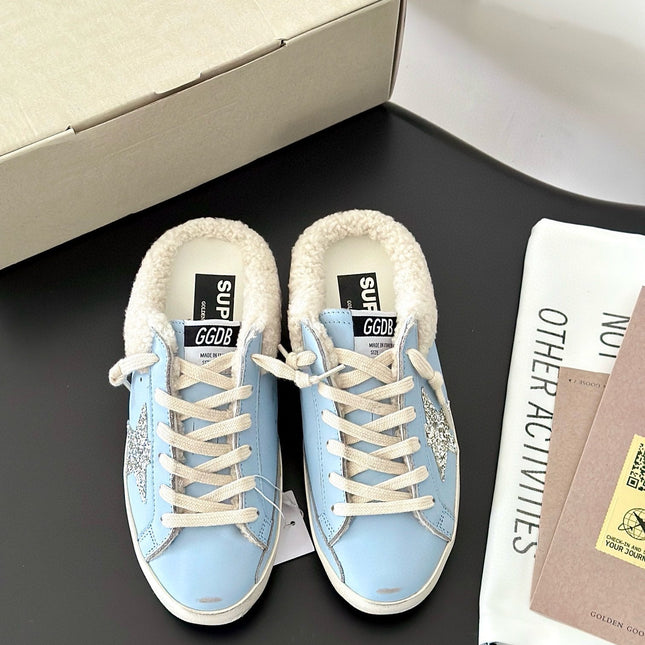 SUPER-STAR SABOTS IN BLUE CALFSKIN WITH GLITTER WHITE STAR