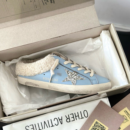 SUPER-STAR SABOTS IN BLUE CALFSKIN WITH GLITTER WHITE STAR