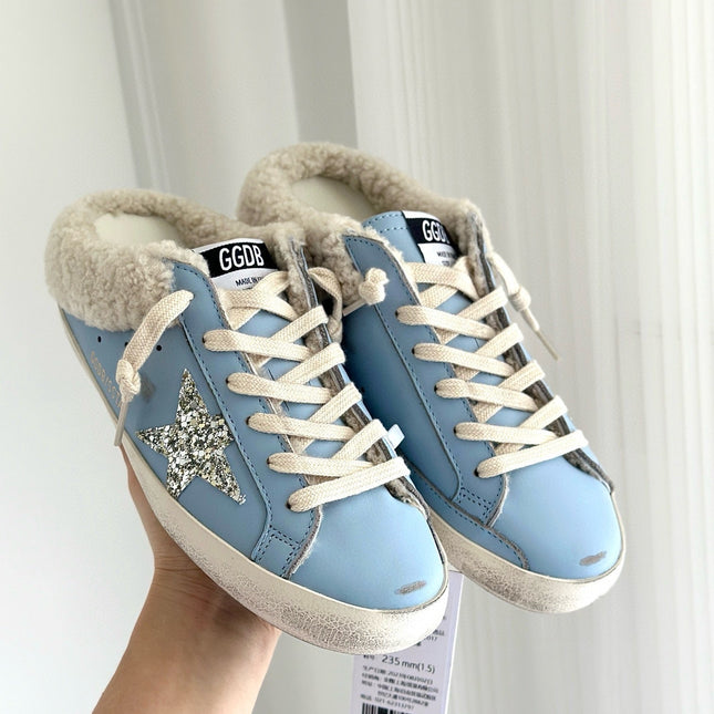SUPER-STAR SABOTS IN BLUE CALFSKIN WITH GLITTER WHITE STAR