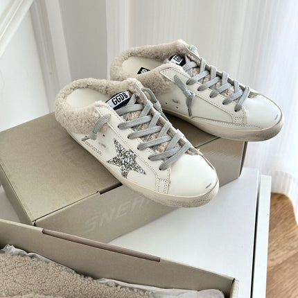 SUPER-STAR SABOTS IN WHITE CALFSKIN WITH GLITTER WHITE STAR