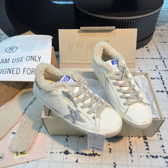 SUPER STAR SNEAKERS WHITE CALFSKIN WITH SILVER GLITTER STAR