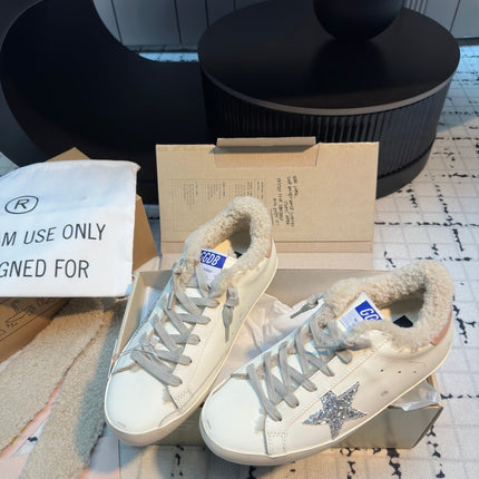 SUPER STAR SNEAKERS WHITE CALFSKIN WITH SILVER GLITTER STAR