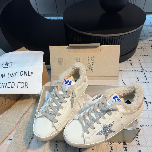 SUPER STAR SNEAKERS WHITE CALFSKIN WITH SILVER GLITTER STAR