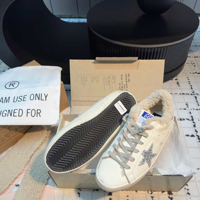 SUPER STAR SNEAKERS WHITE CALFSKIN WITH SILVER GLITTER STAR