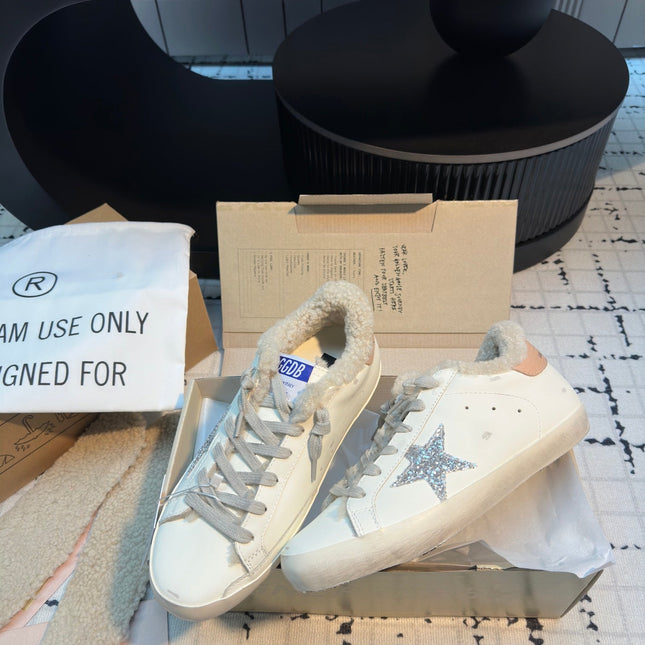 SUPER STAR SNEAKERS WHITE CALFSKIN WITH SILVER GLITTER STAR