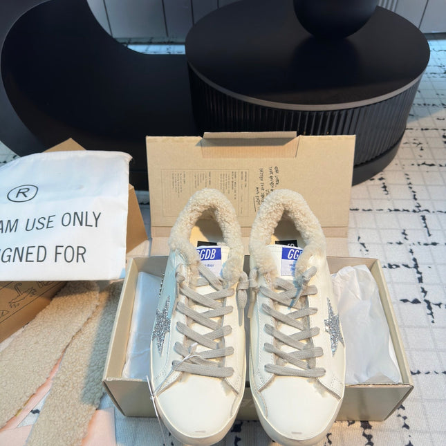 SUPER STAR SNEAKERS WHITE CALFSKIN WITH SILVER GLITTER STAR