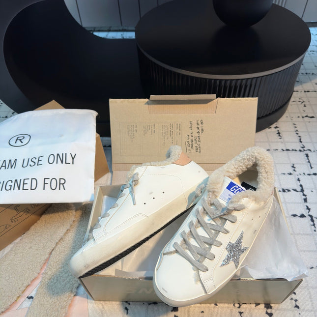 SUPER STAR SNEAKERS WHITE CALFSKIN WITH SILVER GLITTER STAR