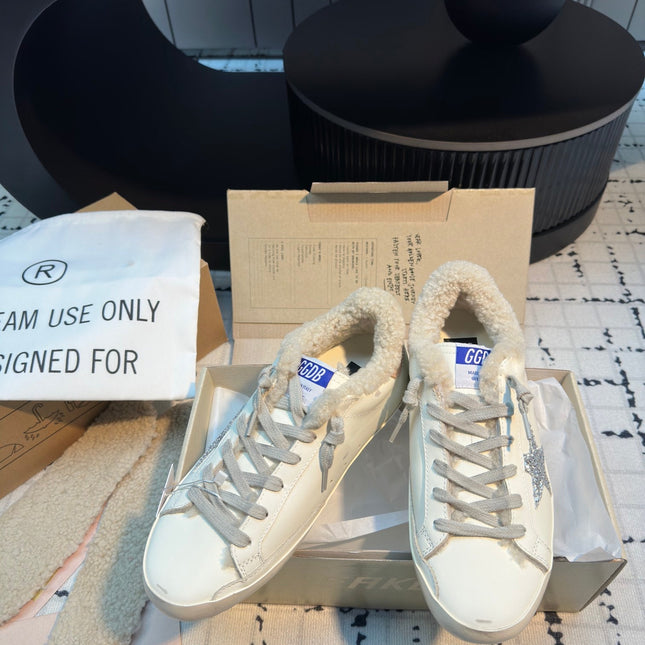 SUPER STAR SNEAKERS WHITE CALFSKIN WITH SILVER GLITTER STAR