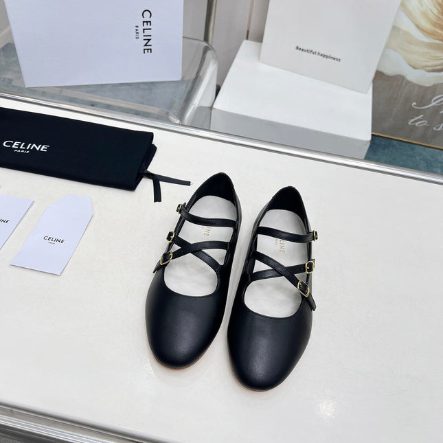 BALLET FLAT WITH CROSSOVER STRAP IN BLACK LAMBSKIN