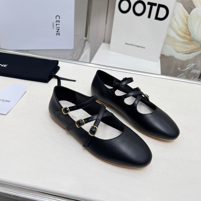 BALLET FLAT WITH CROSSOVER STRAP IN BLACK LAMBSKIN