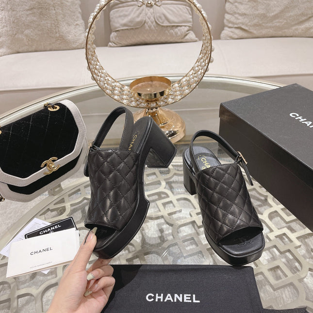 Double C  Chunky Heel Peep-Toe Open Sandals Black Lambskin