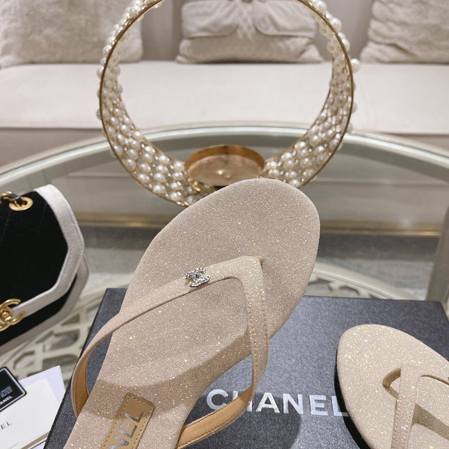 Double CC Rhinestone Flip  Flop Thongs White Sheepskin