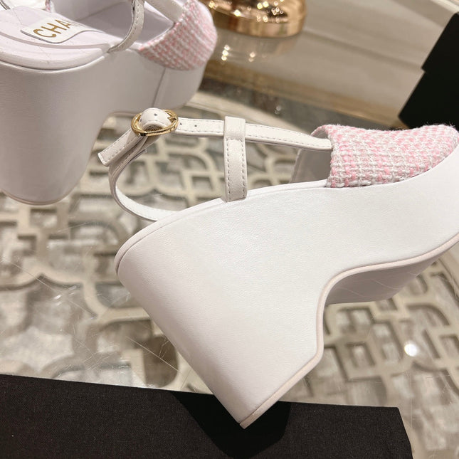 WEDGE SANDALS IN LIGHT PINK FABRIC WITH WHITE LOGO