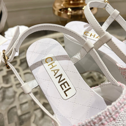 WEDGE SANDALS IN LIGHT PINK FABRIC WITH WHITE LOGO