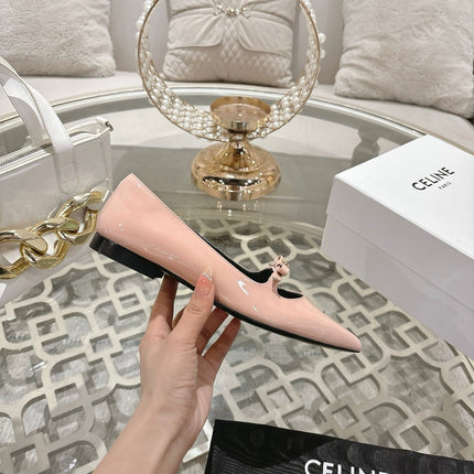 SUZY POINTY TOE BALLERINA IN BLUSH PINK PATENT CALFSKIN