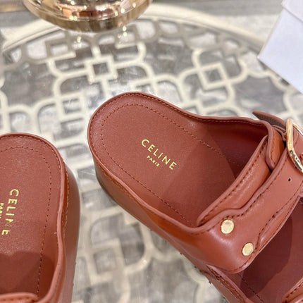 POLLY WEDGE MULE IN TAN BROWN SHINY CALFSKIN