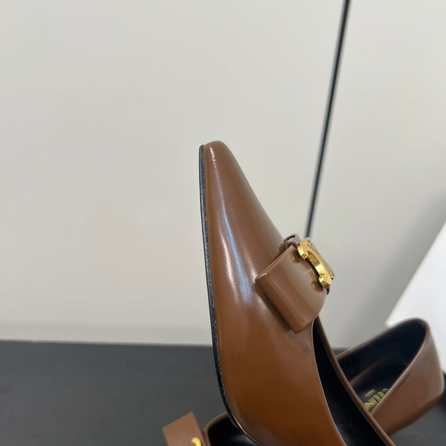 TRIOMPHE POINTED-TOE HIGH PUMPS IN BROWN SHINY CALFSKIN