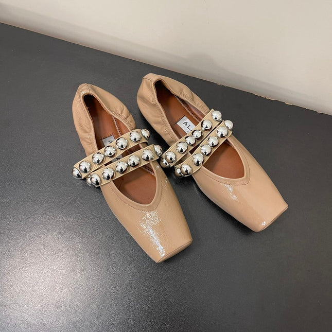 ALAIA BALLET FLATS IN ALMOND BEIGE GLOSSY CALFSKIN WITH SILVER HARDWARE