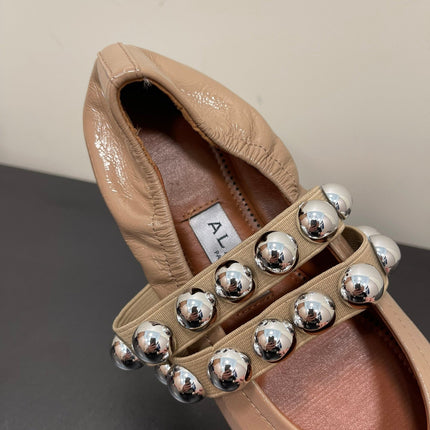 ALAIA BALLET FLATS IN ALMOND BEIGE GLOSSY CALFSKIN WITH SILVER HARDWARE