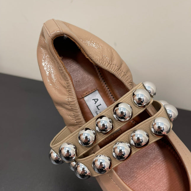 ALAIA BALLET FLATS IN ALMOND BEIGE GLOSSY CALFSKIN WITH SILVER HARDWARE