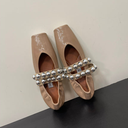 ALAIA BALLET FLATS IN ALMOND BEIGE GLOSSY CALFSKIN WITH SILVER HARDWARE